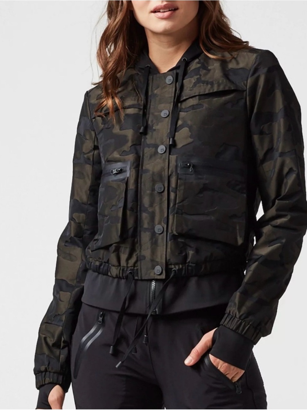 blanc noir Women's Camo Bomber Jacket in Black and Olive